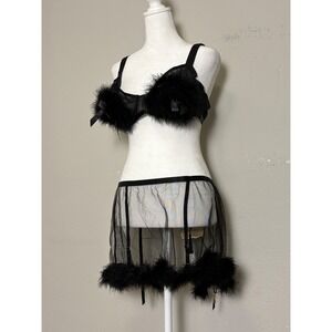 GabiFresh Playful Promises NWT 40C Bra US 14 Garter Black Feather Lingerie Set